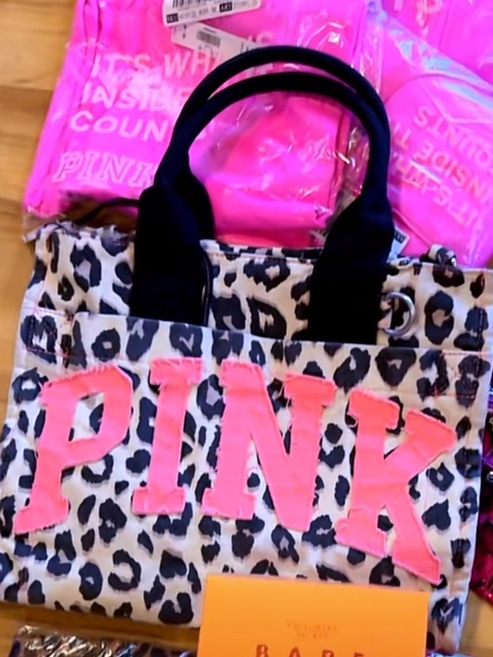 NWT PINK Leopard Canvas Tote Crossbody Bag Viral Pink Logo Victoria’s Secret
